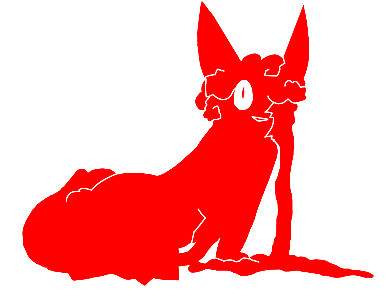 a bright red silhouette of tick faces towards the viewer, with the right side of her face broken open and pouring with blood. she now has messy curled hair, an extra limb behind her front leg and fur on parts of their body. bug is no longer segmented and blood pools at their feet.